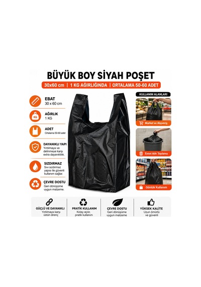 Siyah Atlet Market Manav Çöp Büyük Boy Poşet 1 Kg