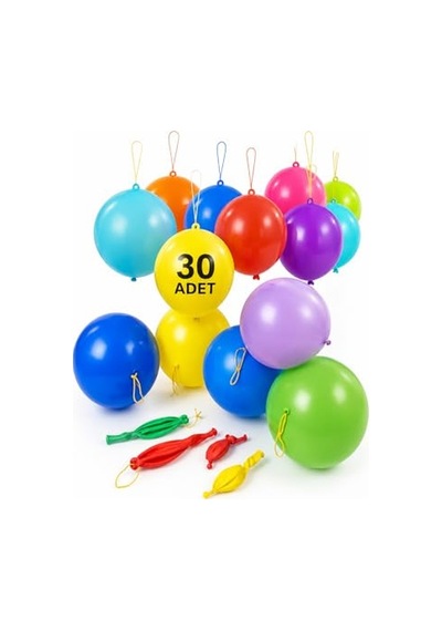 30 Adet Lastikli Zıpzıp Balon İpli Punch Panç Büyük Balon 2 Yaş Mavi