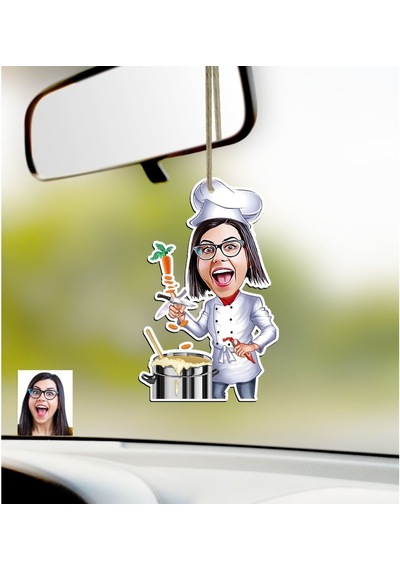 Kişiye Özel Bayan Chef Karikatürlü Ahşap Araba Dikiz Ayna Süsü