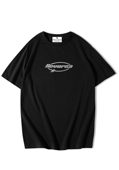 Bozzbozzcollection Kadın Reverse Taş Baskılı Oversize Tshirt Siyah