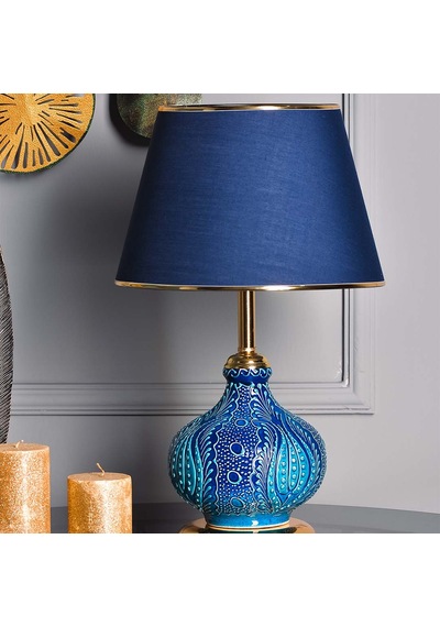 Safirr Light Patara Çini Detaylı Seramik Abajur - Mavi Şapka / Gold Ayak Çok Renkli