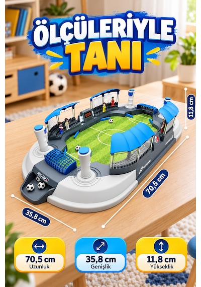 Büyük Boy Masaüstü Futbol Oyunu 70,5 Cm 2 Kişilik 4 Kontrollü Mini Stadyum 8 Figürlü Çocuk Oyun Seti