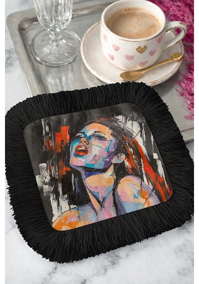 Modern Sanat Portre Saçaklı Sunum Peçetesi-ekspresyonist Renkli Bohem Siyah Bardak Altlığı Mendil Buzlu Grili Nar Modern Sanat Portre Saçaklı Sunum Peçetesi-ekspresyonist Renkli Bohem Siyah Bardak Altlığı Mendil Buzlu Grili Nar