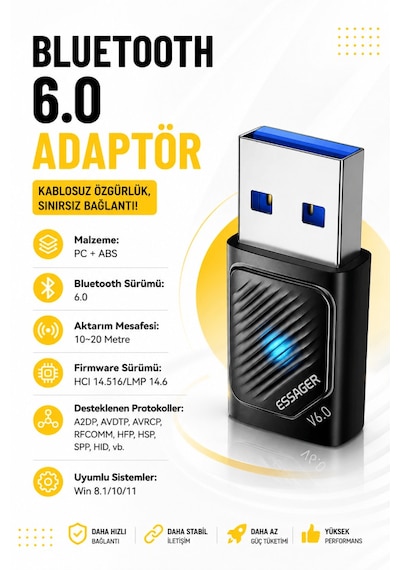 Essager Bluetooth Adaptör 6.0 Süper Hızlı Ce Lisanslı Yüksek Performans Düşük Gecikme Son Nesil Teknoloji 6.0 Ultra Hızlı