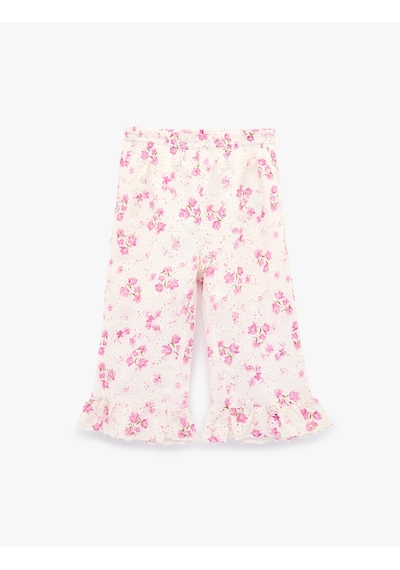 Koton Pamuklu Fırfırlı Brodeli Çiçek Desenli Geniş Paça Pantolon Pembe Desenli 6smg40024aw