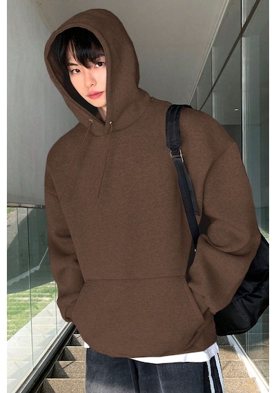 Genius Store Erkek Sweatshirt Kanguru Cepli İçi Polarlı 3 İplik Kapüşonlu Oversize Sweatshirt Kanguru-sweatshırt Kahverengi