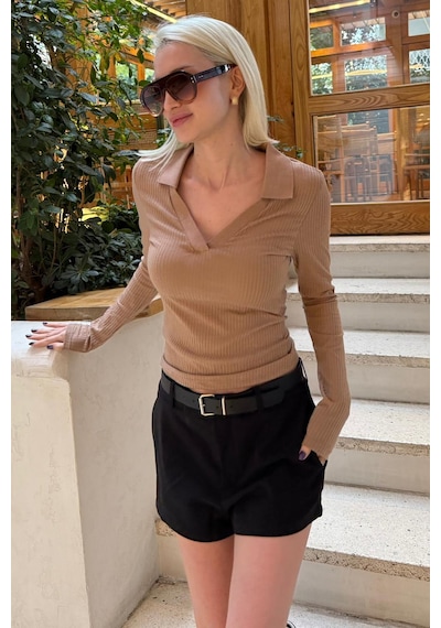 Madmext Bej Polo Yaka Fitilli Kadın Body Mg2566 Bej
