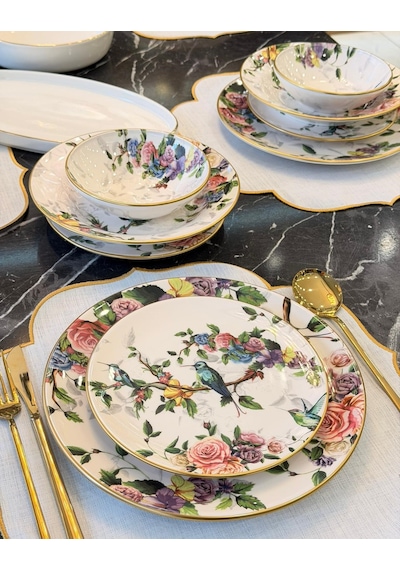 24 Parça 6 Kişilik Modern Flore Bird Yemek Takımı-5694 Çok Renkli