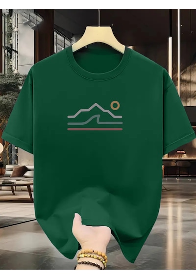 Unisex Güneşli Dağ Tasarım Basklı Tshirt Yeşil Unisex Güneşli Dağ Tasarım Basklı Tshirt Yeşil