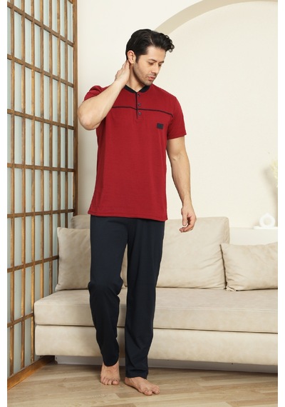 Enisena Erkek %100 Pamuk Pijama Takımı -3 Düğmeli-robalı 12383 Bordo