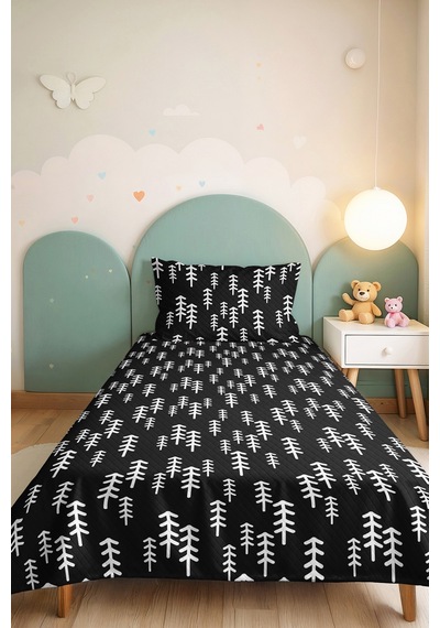 Siyah Geometrik Genç Odası Tek Kişilik Pike Takımı - Modern Minimal 160x220 Cm Kapitone Yatak Örtüsü Hafif Halı Sarmalı