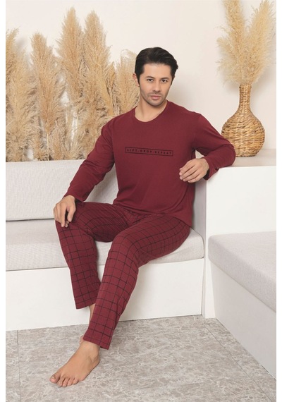Sude Homewear Erkek Uzun Kol Pijama Takımı Koyu Kırmızı