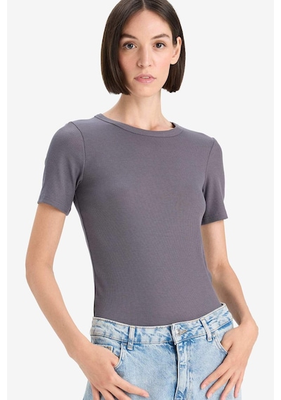 Defacto Slim Fit Dar Kesim Bisiklet Yaka Basic Düz Fitilli Kaşkorse Kısa Kollu Tişört C0097ax25augr448 Gri