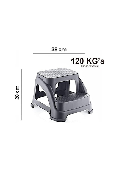 İki Basamaklı Kaymaz Tabure - 120 Kg Taşıma Kapasiteli - Basamaklı Tabure - Sert Plastik Antrasit
