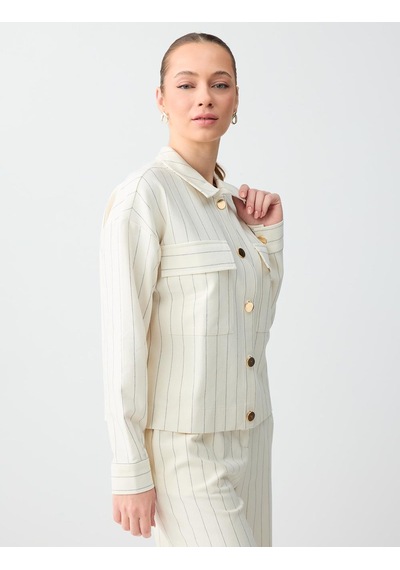 Jimmy Key Ekru Çizgi Desenli Parlak Düğme Detaylı Örme Ceket 6sw055578114
