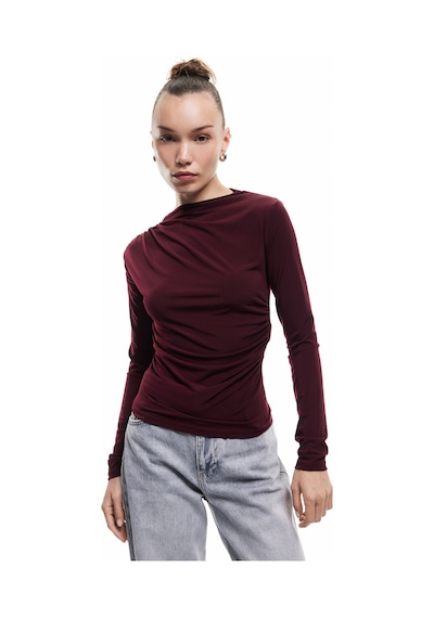 Koton Drape Detaylı Dar Kesim Uzun Kollu Tişört Bordo 6wal10251ık Bordo