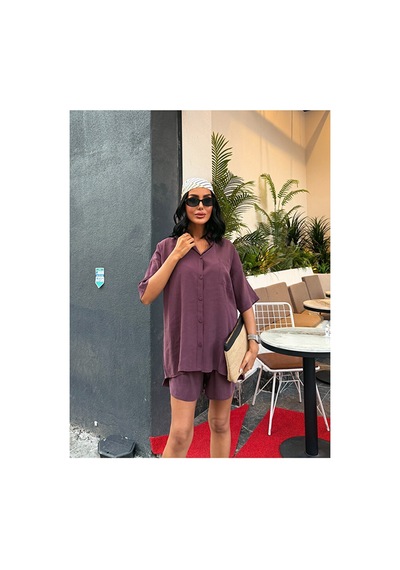 Nido Moda Kadın Cepli Oversize Gömlek Ve Beli Bağcıklı Şort İkili Takım Bordo