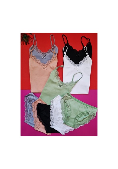 Demirsa Boutique Dantelli İp Askılı 5'li Pudra, Yeşil, Mavi, Siyah Ve Beyaz Renk Kadın Atlet Külot Takım Çok Renkli Demirsa Boutique Dantelli İp Askılı 5'li Pudra, Yeşil, Mavi, Siyah Ve Beyaz Renk Kadın Atlet Külot Takım Çok Renkli