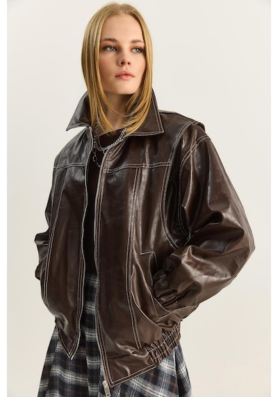 Shade Kadın Dikiş Detaylı Astarlı Beli Lastikli Cepli Oversize Suni Deri Ceket 3173 60283894 - Kahverengi Shade Kadın Dikiş Detaylı Astarlı Beli Lastikli Cepli Oversize Suni Deri Ceket 3173 60283894 - Kahverengi