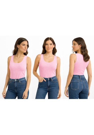 İngegno Geniş Bisiklet Yaka Sıfır Kol Viskon Örme Ring Kumaş Body Açık Pembe