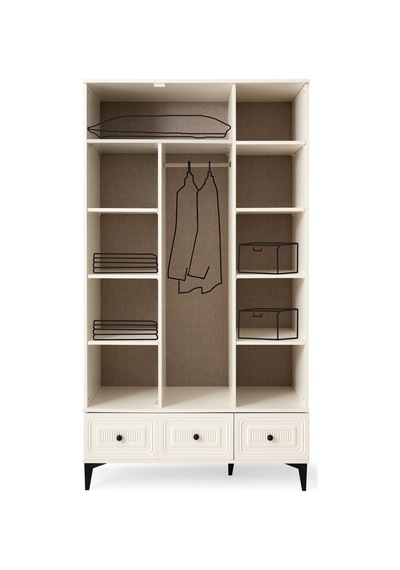 Alaska 3 Kapaklı %100 Mdf Elbise Dolabı Gardrop 117x54x212 Ekru
