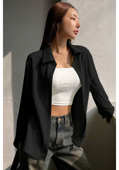 Tarz Cool Kadın Oversize Geniş Kesim Bürümcük Pens Detaylı Uzun Kollu Dokulu Gömlek Siyah