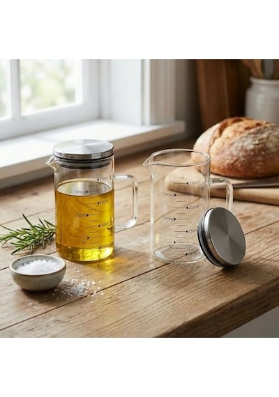 2'li Set Paslanmaz Çelik Kapaklı Borosilikat Cam Yağdanlık Ve Ölçü Kabı - 350ml - Isıya Dayanıklı Damlatmaz Sosluk, Sütlük Ve Mutfak Hazırlık Sürahisi - Şeffaf Modern Tasarım