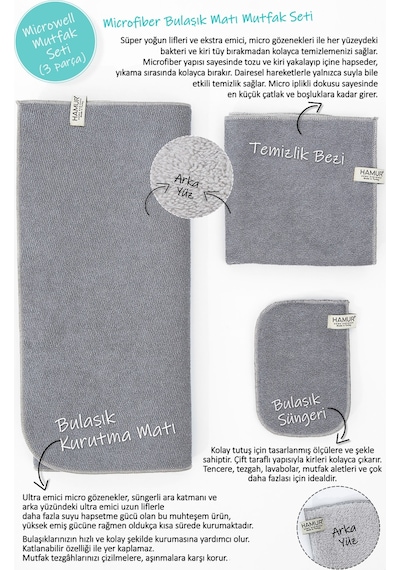 Gri Microwell 3 Prç Set Microfiber Bulaşık Kurutma Matı 3'lü Mutfak Seti Kurulama Bezi Örtüsü