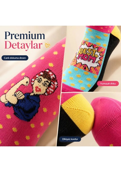 DS Wak Best Mom Kadın Çorabı 36-40 Pamuklu Dikişsiz Burun Pop Art Desenli Renkli Soket Hediyelik Çorap Çok  Renkli