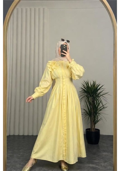 Neşeli Butik Kadın Sarı Belden Oturtmalı Çiçek Detaylı Premium Tesettür Elbise Nbvq4933