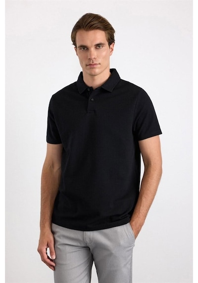 Süvari Siyah Slim Düz Baskısız Armürlü Düğmeli Polo Yaka Tişört Sts1014000017-s09