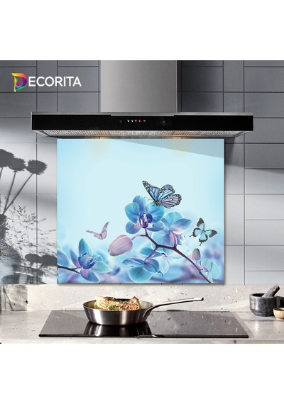 Decorıta Cam Ocak Arkası Koruyucu | Mavi Çiçek Ve Kelebek