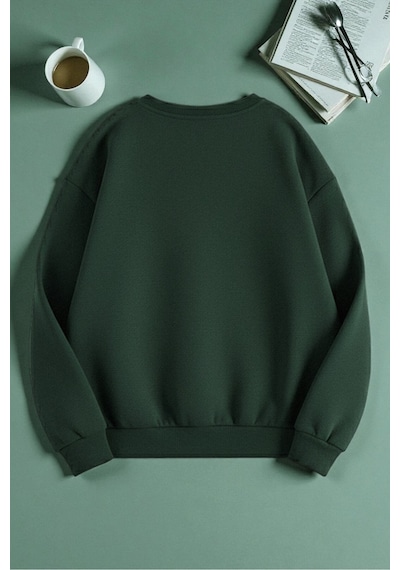 Uyguntarz Unisex Leopar Desenli Tasarım Baskılı Bisiklet Yaka Sweatshirt Yeşil
