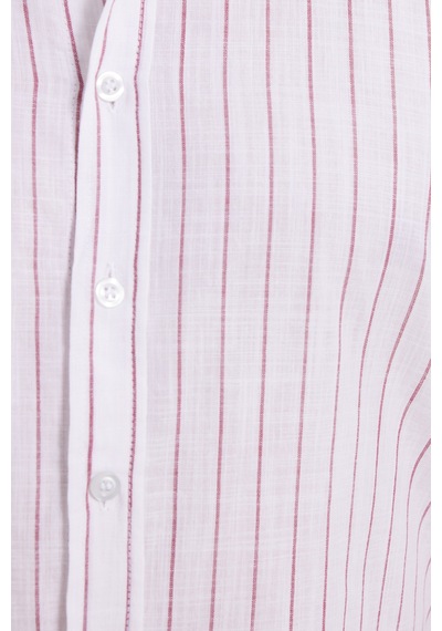 Tudors Erkek Slim Fit Dar Kesim Uzun Kollu %100 Pamuk Keten Doku Çizgili Gömlek-42650 Beyaz