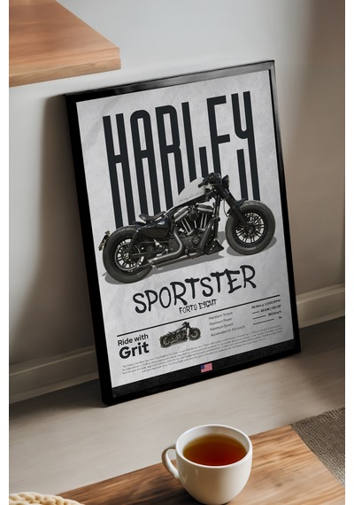 Harley David Sportster 48 Siyah Ahşap Çerçeveli Poster, Dekoratif Motosiklet Duvar Tablosu