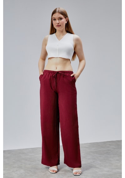 Genius Store Kadın Pantolon Geniş Paça Yüksel Bel Cepli Çizgili Pantolon Çizgili-pantolon Bordo