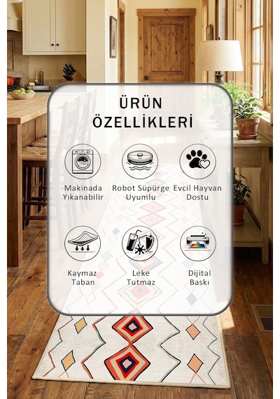İskandinav Renkli Bej Yıkanabilir Mutfak Halısı