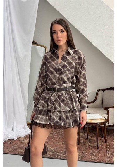 Neşeli Butik Kadın Kahverengi Gömlek Yaka Kat Kat Ekose Desen Mini Elbise Nbnp025 Kahverengi