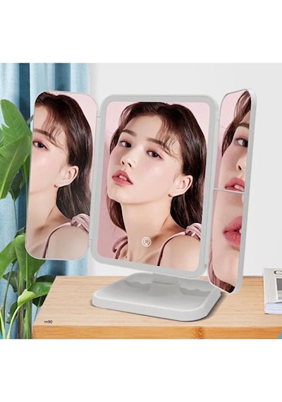 Reoona 3 Panel Katlanır Masa Üstü Ledli Usbli Makyaj Aynası Foksyonel Beyaz Beyaz