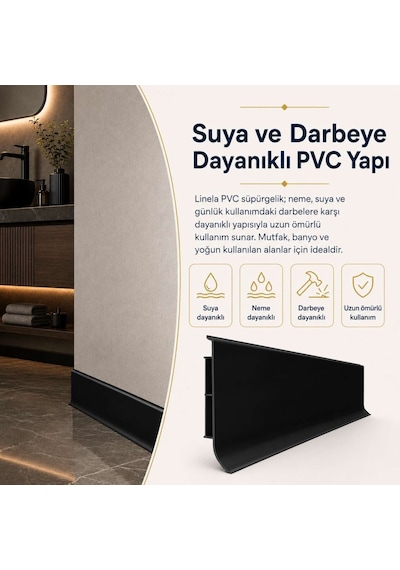 Linela Suya Dayanıklı Pvc Süpürgelik 8 Cm - Siyah - Lnl412