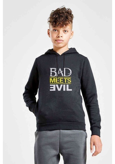 Tshirthane Bad Meets Evil Logo Baskılı Unisex Çocuk Kapüşonlu Siyah Sweat Siyah