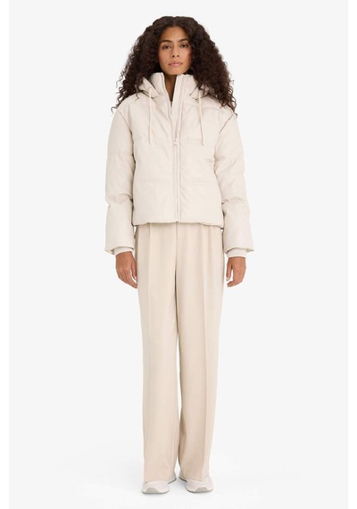 Defacto Regular Fit Kapüşonlu Polar Astarlı Suni Deri Mont F2142ax25wner128 Ekru-er128