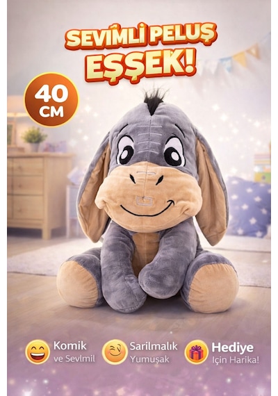 Sevimli Eşek Peluş Oyuncak 40 Cm Büyük Boy, Sarılmalık Yumuşak Pelüş Gri