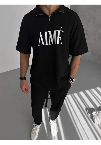 Veraura Lifestyle Unisex Yarım Fermuarlı Baskılı T-shirt - Siyah