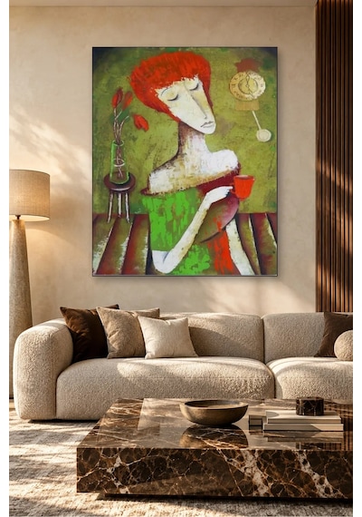 Fida Kızıl Saçlı Kadın Çay Molasında Canvas Tablo Çok Renkli