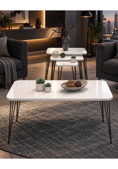 Odera Beyaz Siyah Ayaklı Orta Sehpa Ve Zigon Sehpa 4'lü Set Metal Tel Ayaklı Modern Salon Sehpası Diğer