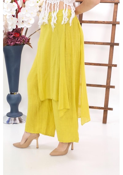 Bohem Stil İtalyan Ham Keten Pantolon Etek-8747 Sarı