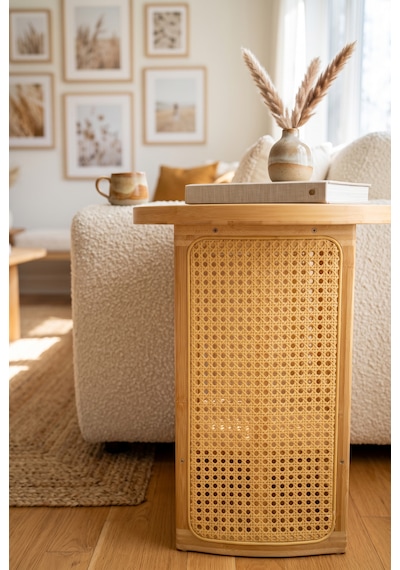 Robin Home Doğal Bambu Rattan Yan Sehpa Tepsili Yuvarlak Dekoratif Sehpa Bej