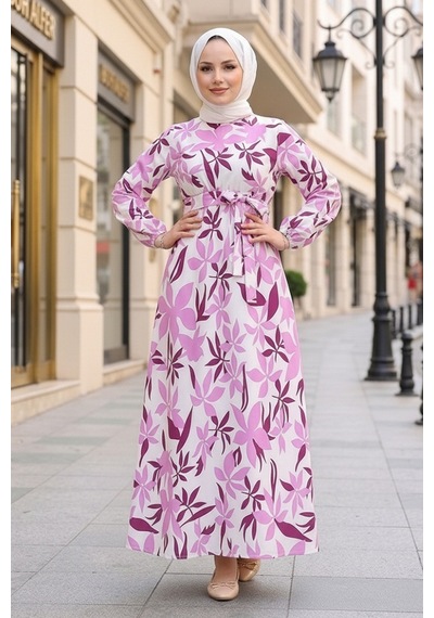 Bestenur Zerya Desenli Keten Elbise 1718 - Pembe