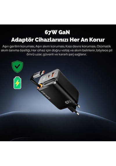 67w Gan Hızlı Şarj Adaptörü Dahili Retractable Type-c Kablo 1